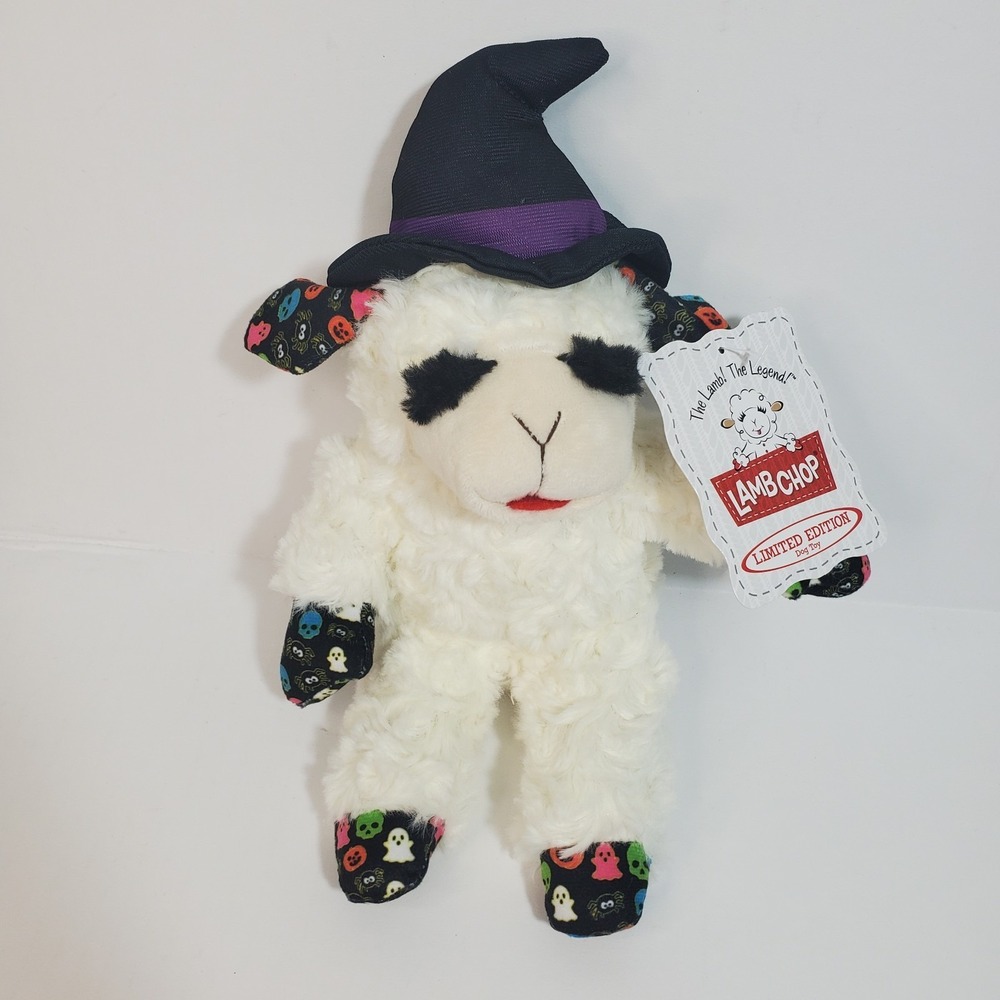 Multipet Lamb Chop Halloween Squeaker Plush Dog Toy Witch Black‎ Hat NEW